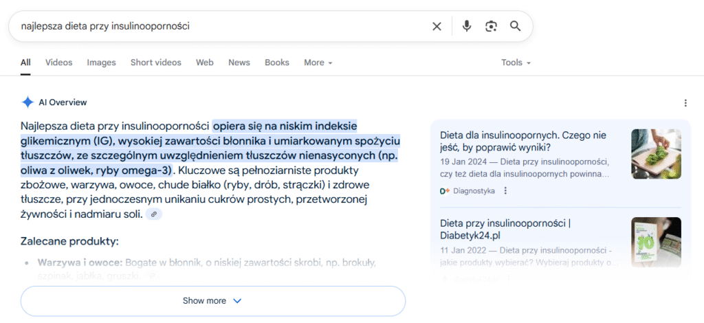 Przykładowe wyniki AI Overview w zakresie intencji wyszukiwania.