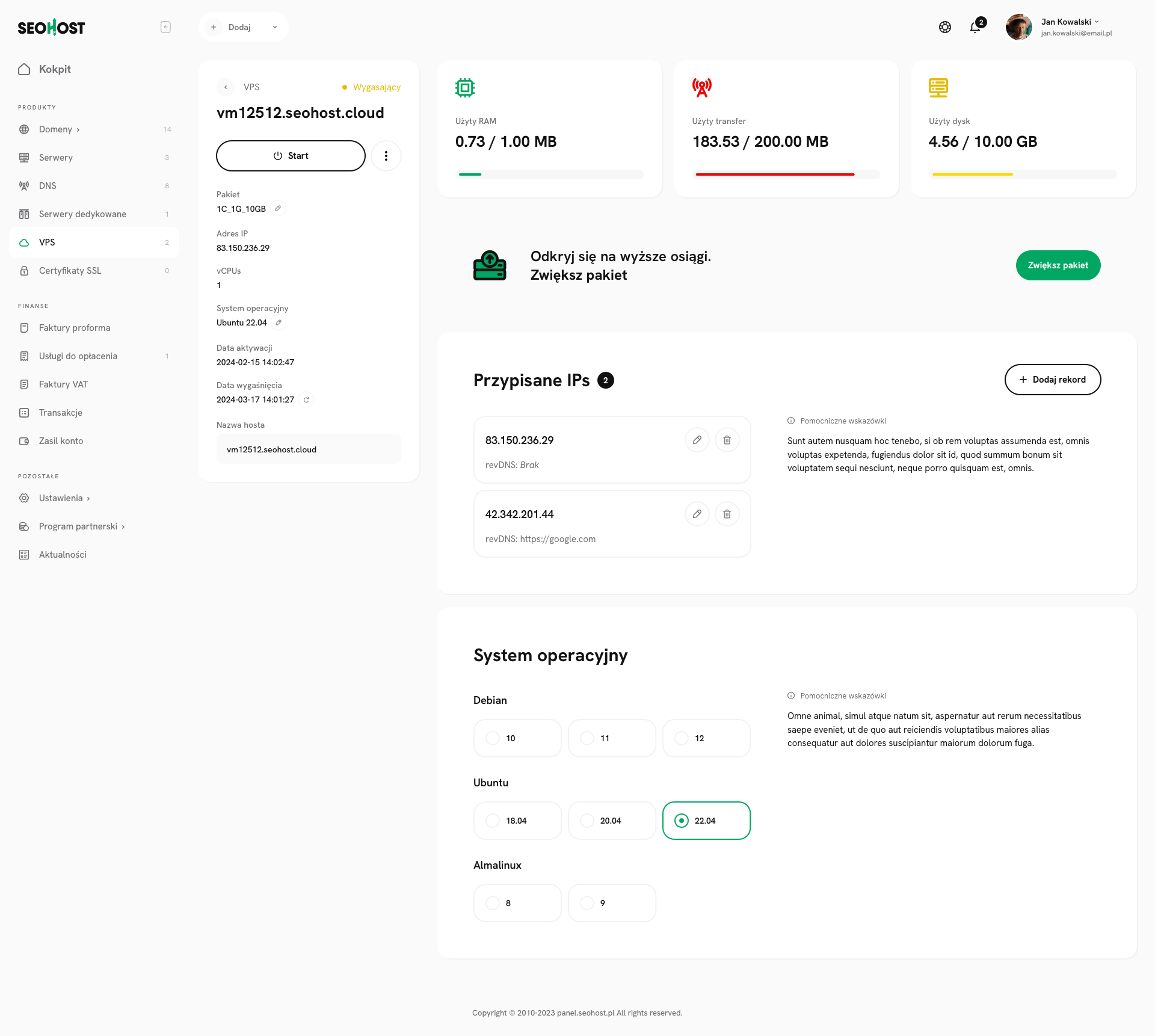 screen z panelu seohost