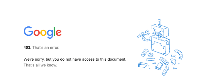 Błąd 403 – wygląd. Źródło: support.google.com/webmasters/thread/62785077/google-search-console-error-403-forbidden-page-title-has-a-small-typo?hl=en