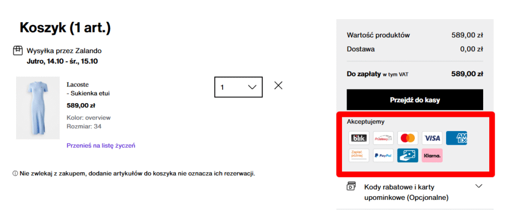 Dostępne metody płatności w serwisie Zalando. www.zalando.pl/cart