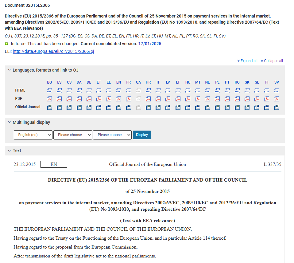 Dyrektywa PSD2 – istotny dokument. Źródło: eur-lex.europa.eu/eli/dir/2015/2366/oj/eng