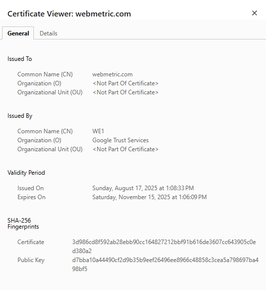 Poprawny certyfikat SSL na stronie Webmetric.