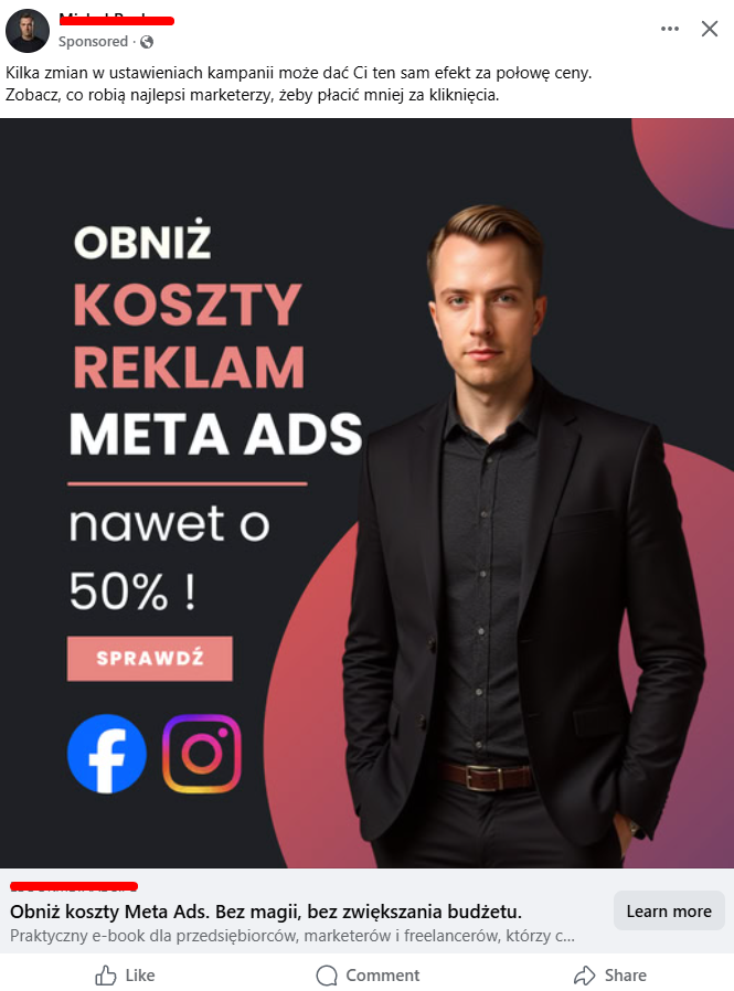 Reklama remarketingowa powtarzająca się w Google oraz na Facebooku.