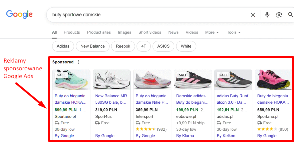 Reklamy sponsorowane Google Ads w wyszukiwarce.