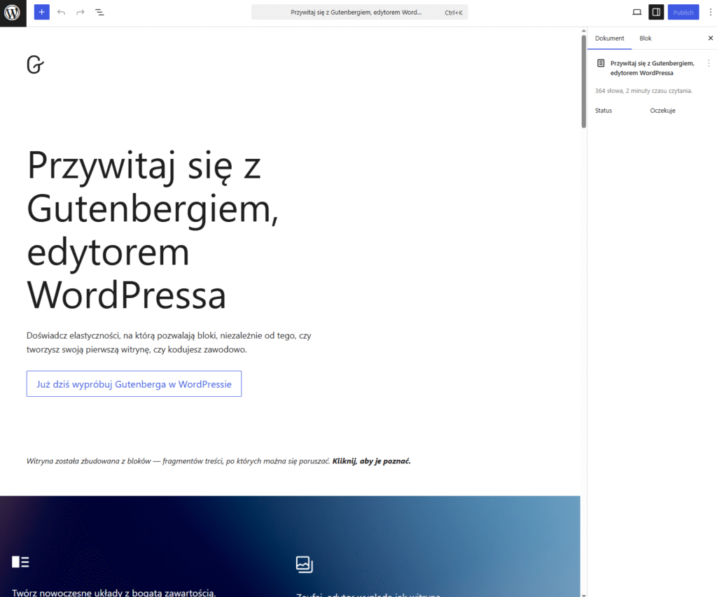 Edytor blogowy WordPress – Gutenberg. Źródło: pl.wordpress.org/gutenberg/