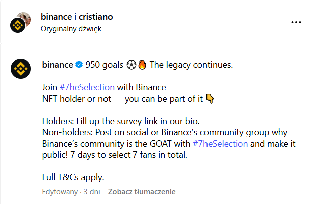 Naturalny przekaz promocyjny na Instagramie Cristiano Ronaldo.
