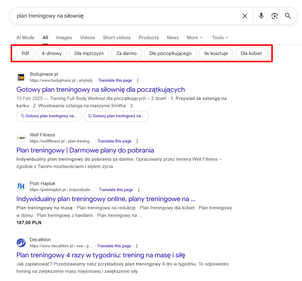 Podpowiedzi Google w zakresie podobnych wyszukiwań.