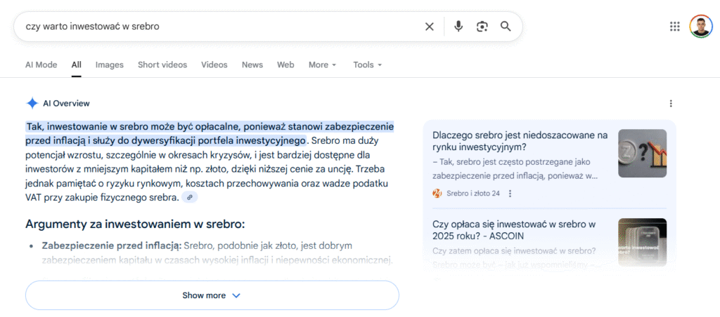 Przykładowa odpowiedź AI Overview.