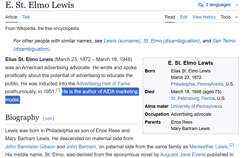 AIDA model – autor opisany w Wikipedii. Źródło: en.wikipedia.org/wiki/E._St._Elmo_Lewis