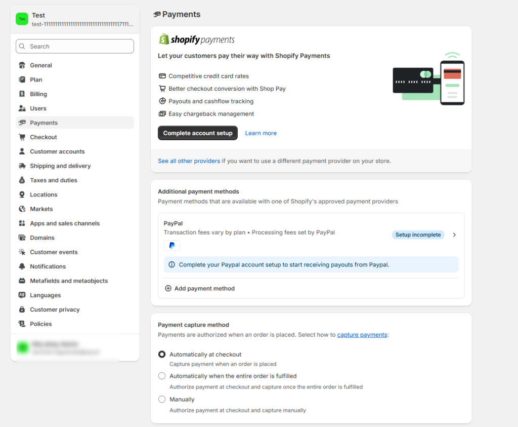 Analiza sekcji płatności w Shopify.