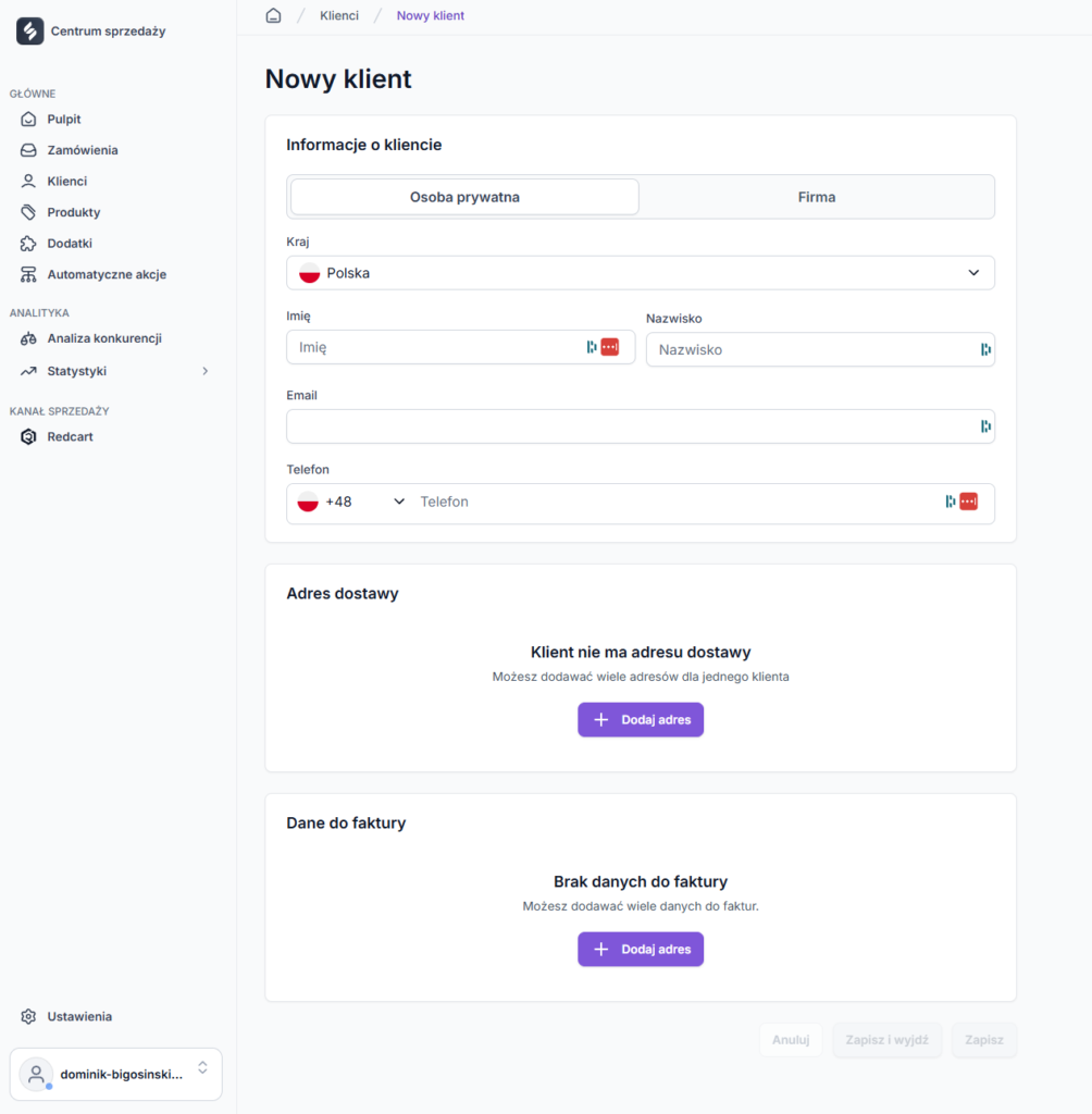 Dodawanie nowego klienta w Redcart.