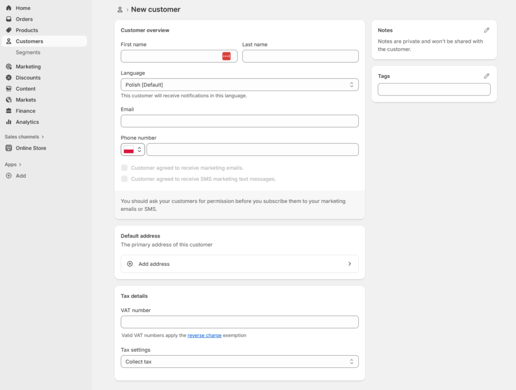 Dodawanie nowego klienta w Shopify.