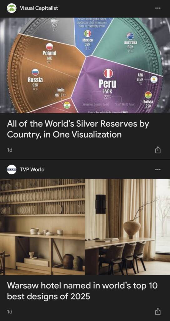 Przykładowe wiadomości w Google Discover. 