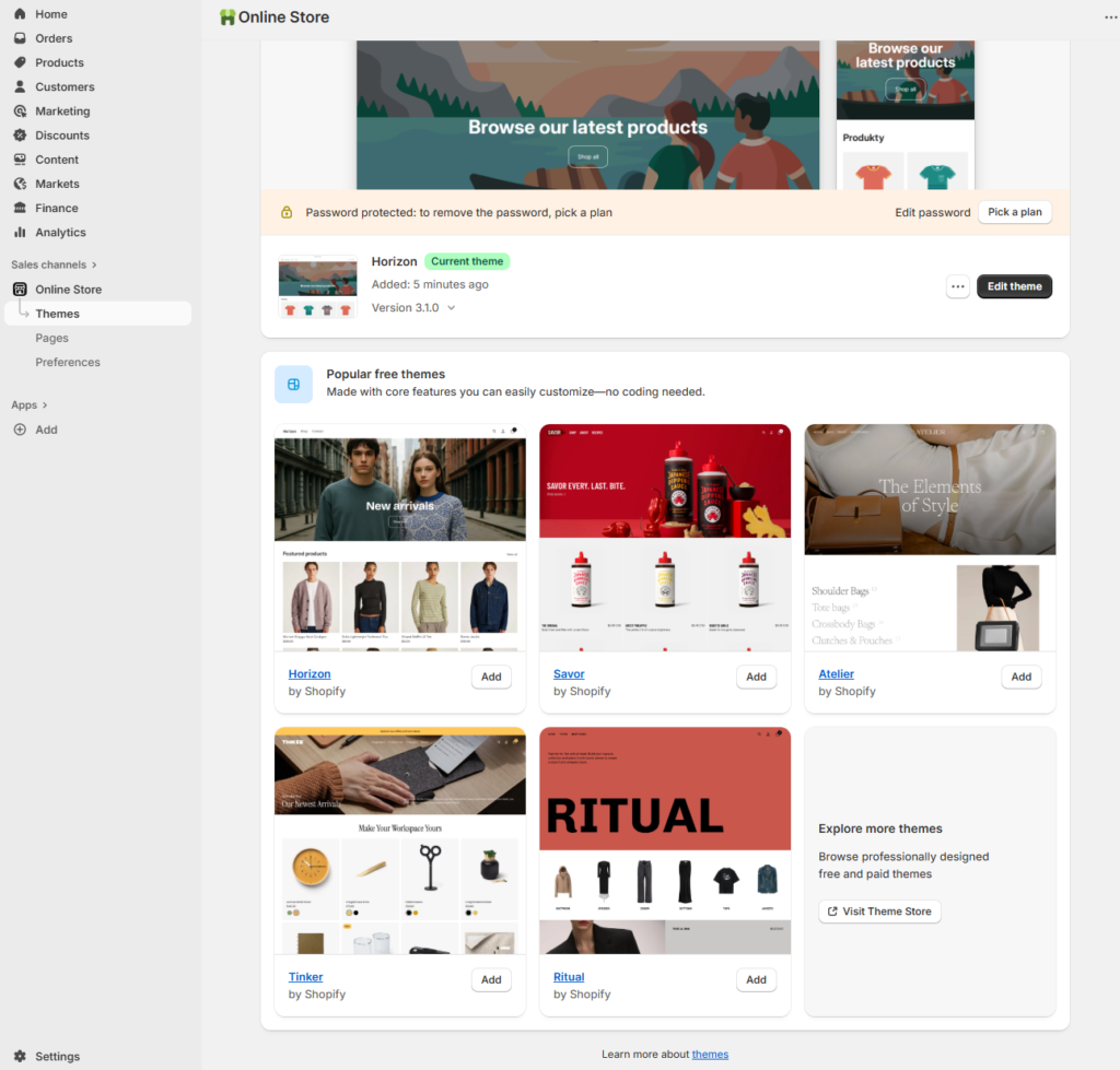 Wybór motywów Shopify.