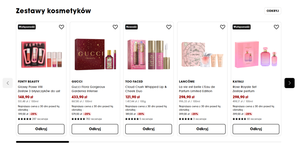 Zestawy kontekstowe w sklepie Sephora. Źródło: www.sephora.pl