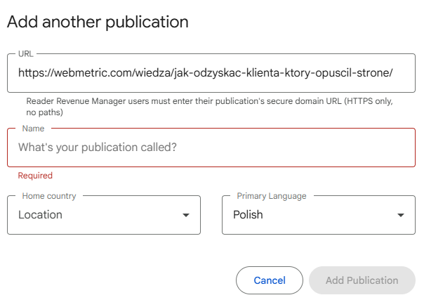 Dodawanie wpisu do Google News w Publisher Center.