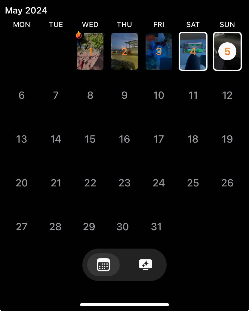 Zrzut ekranu z aplikacji BeReal prezentujący kalendarz i streak wykonanych zdjęć