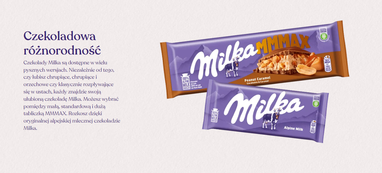 Dwa opakowania czekolady Milka i tekst reklamowy ze strony Milki