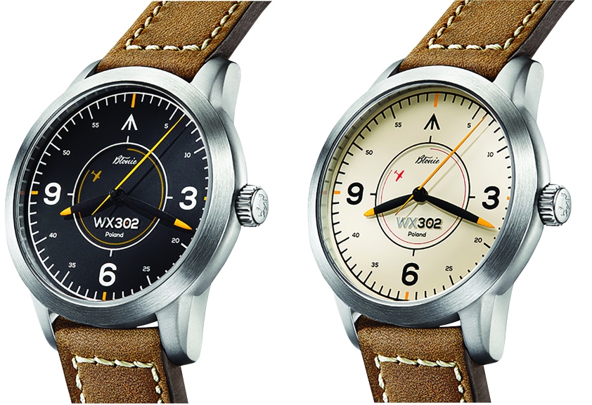 Zdjęcie przedstawia dwa zegarki na skórzanych paskach. Pierwszy zegarek po lewej ma ciemną tarczę, a drugi zegarek po prawej ma jasną tarczę. Obie tarcze zawierają logo marki u góry oraz napis „WX302 Poland” u dołu. Każdy zegarek ma pojedynczą koronkę na prawym boku obudowy do regulacji czasu.